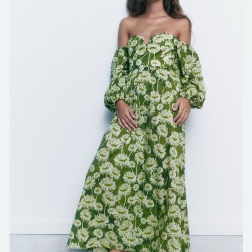 Zara Off-Shoulder Green floral cotton with ballon sleeves size S 8025/104